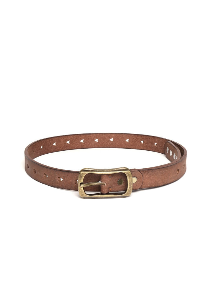 Women's Brown Heart Holes Studded Leather Belt - SASSAFRAS