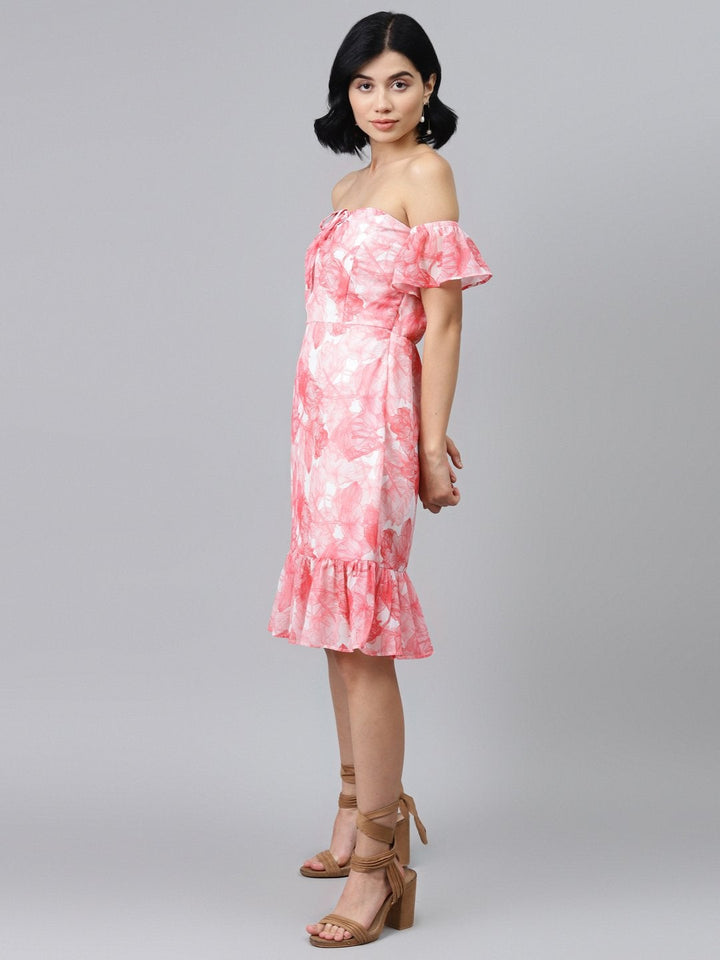 Women's Pink Floral Off Shoulder Skater Dress - SASSAFRAS