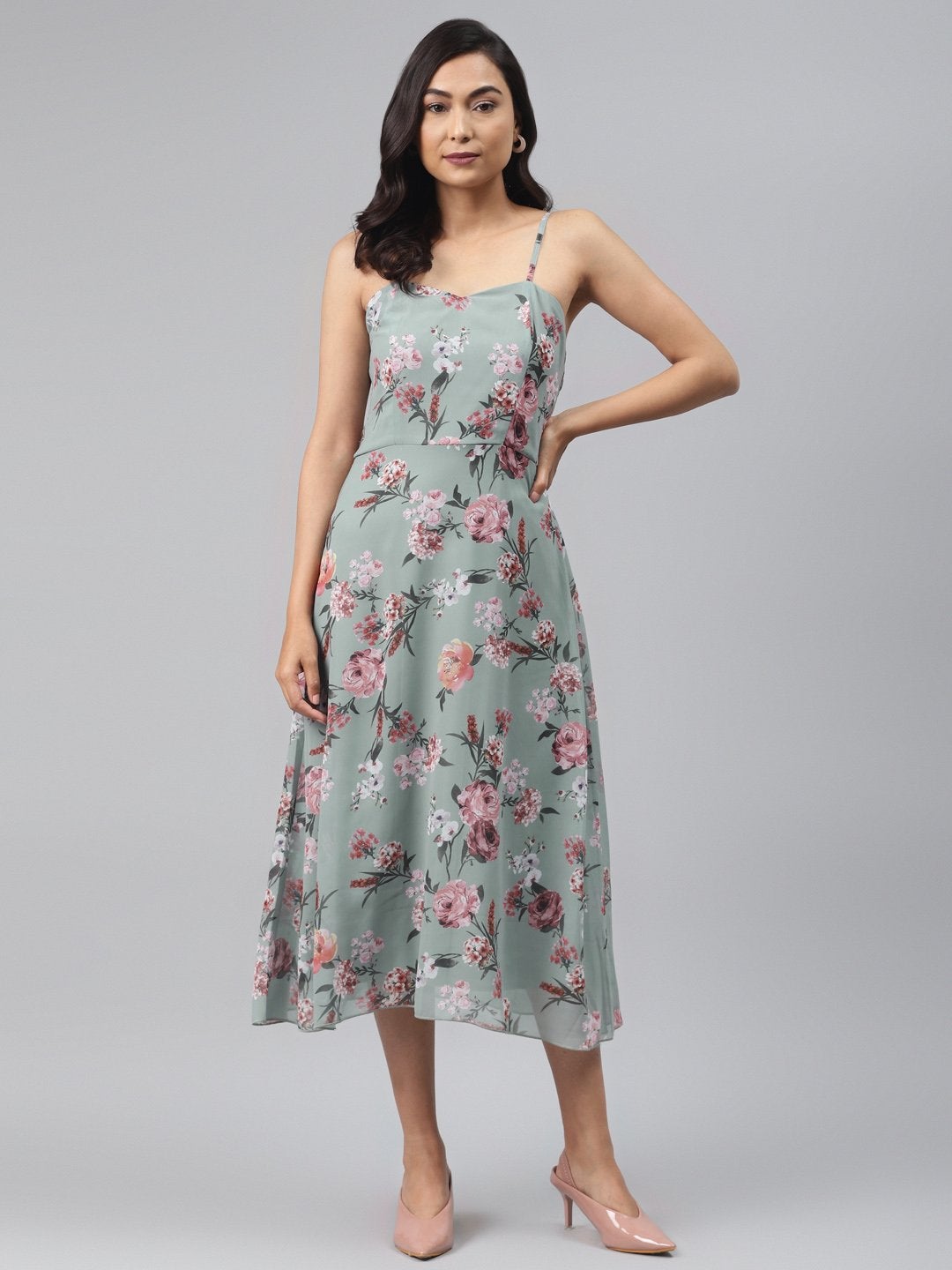 Women's Olive Floral Strappy Midi Dress - SASSAFRAS