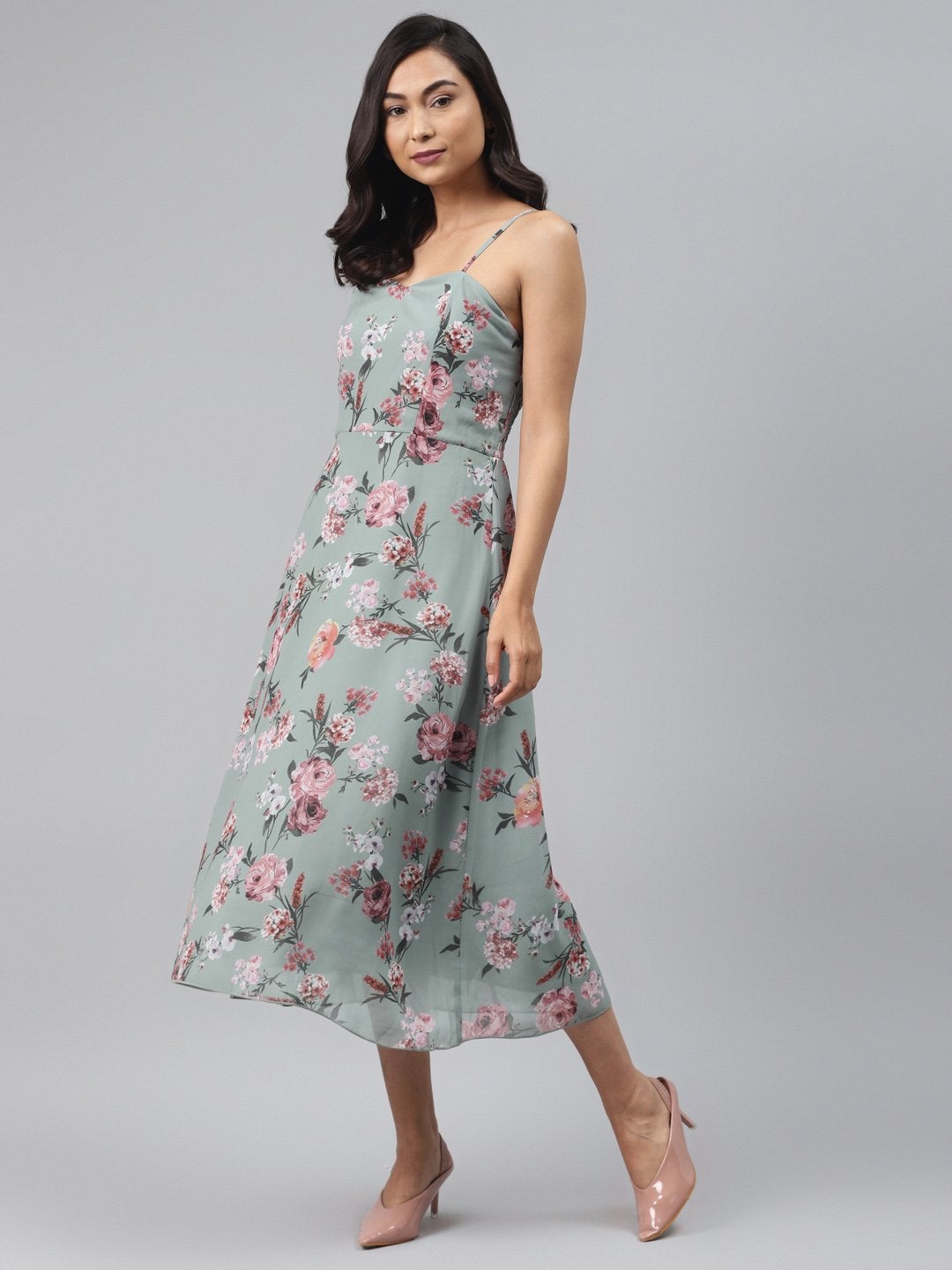 Women's Olive Floral Strappy Midi Dress - SASSAFRAS