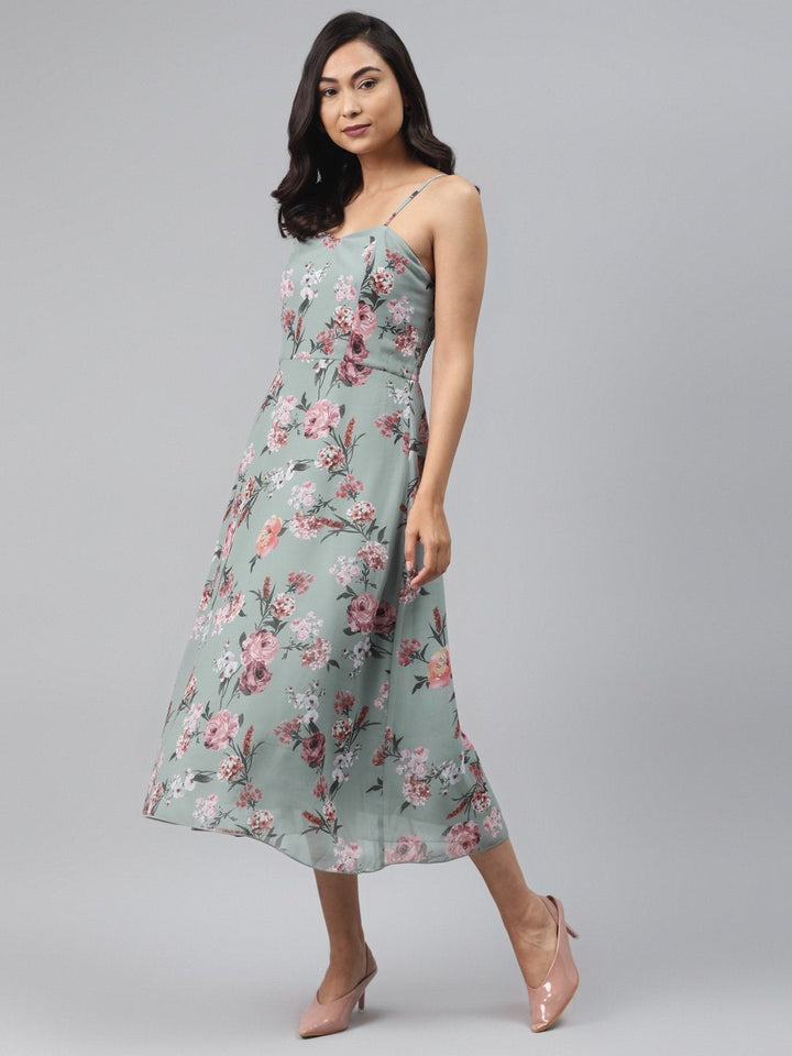 Women's Olive Floral Strappy Midi Dress - SASSAFRAS