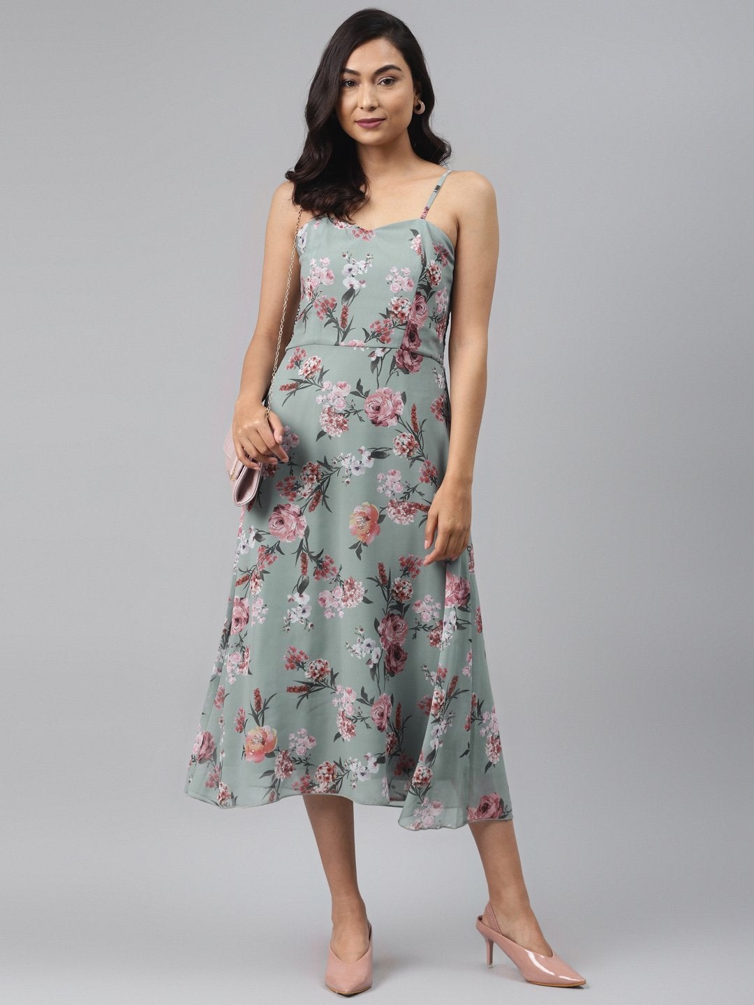 Women's Olive Floral Strappy Midi Dress - SASSAFRAS
