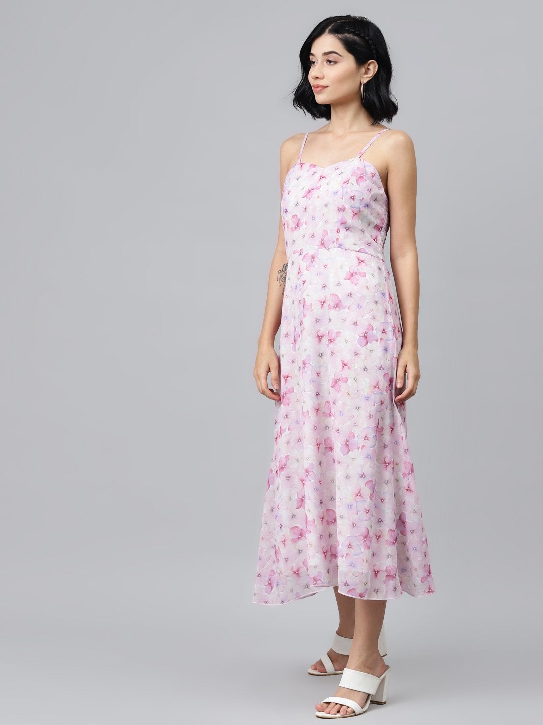 Women's Pink Floral Strappy Midi Dress - SASSAFRAS