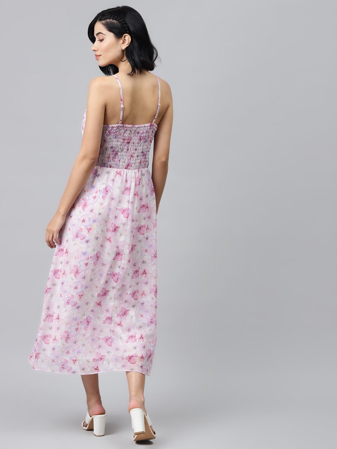 Women's Pink Floral Strappy Midi Dress - SASSAFRAS