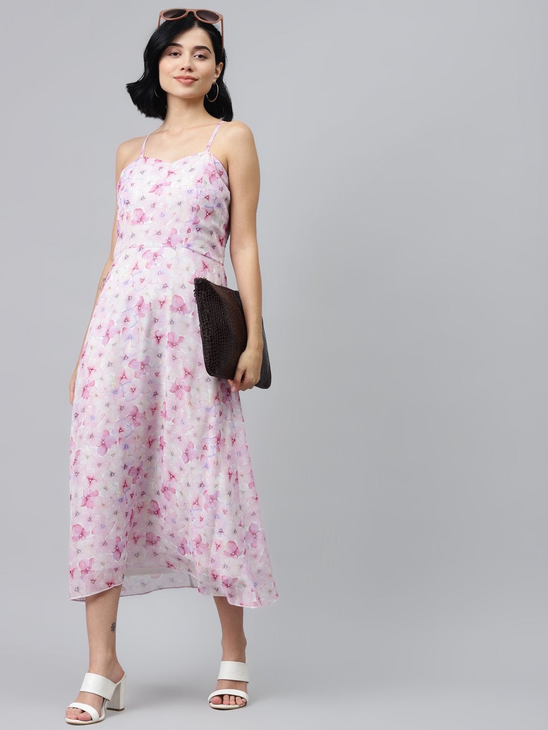 Women's Pink Floral Strappy Midi Dress - SASSAFRAS