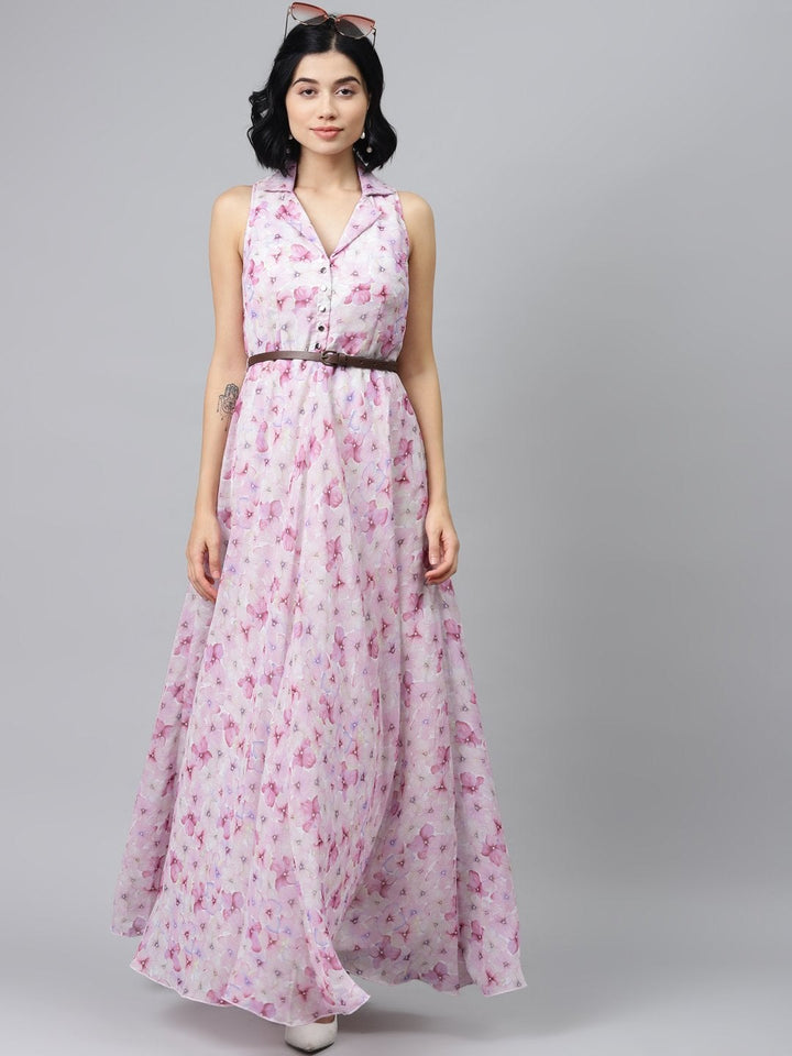 Women's Pink Floral Notch Collar Maxi Dress - SASSAFRAS