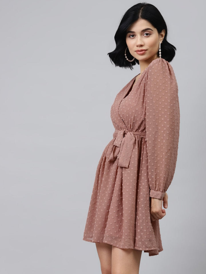 Women's Dusty Pink Wrap Full Sleeves Dress - SASSAFRAS