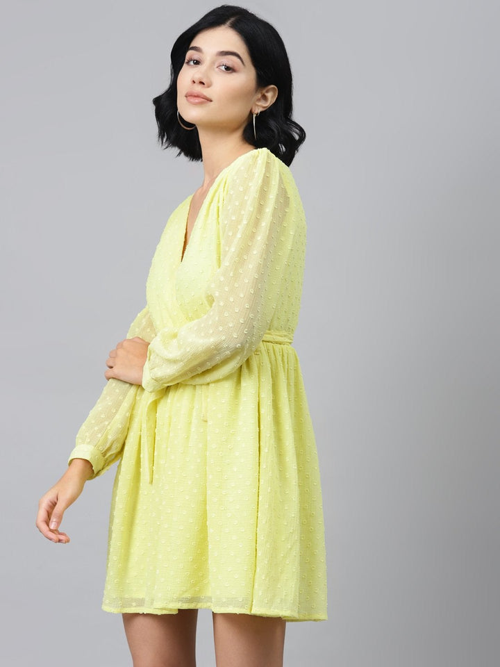 Women's Yellow Wrap Full Sleeves Dress - SASSAFRAS
