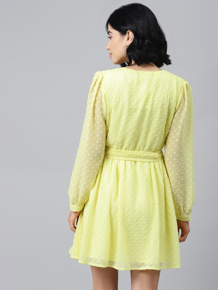 Women's Yellow Wrap Full Sleeves Dress - SASSAFRAS