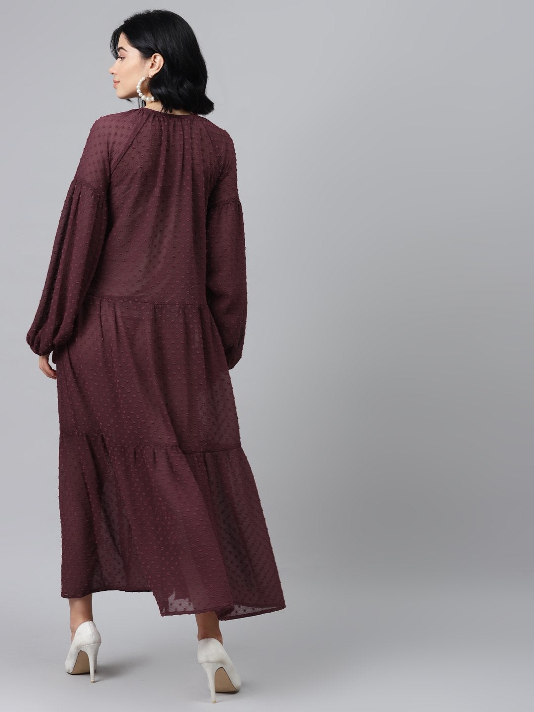 Women's Burgundy Tiered Maxi Dress With Inner - SASSAFRAS