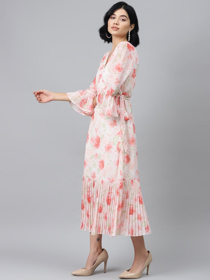 Women's Light Pink Floral Pleated Midi Dress - SASSAFRAS