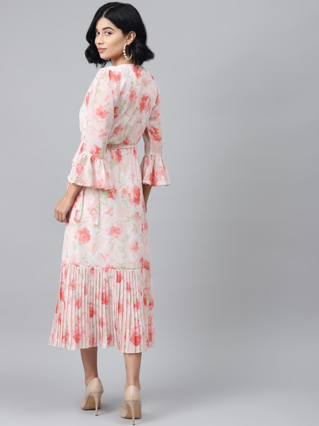 Women's Light Pink Floral Pleated Midi Dress - SASSAFRAS