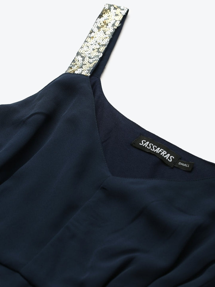 Women's Navy Sequin Straps Pleated Maxi Dress - SASSAFRAS