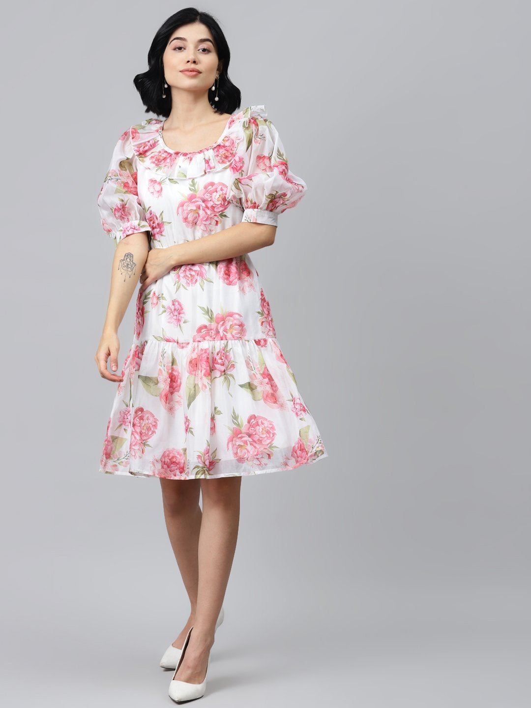 Women's White Floral Puff Sleeve Tiered Dress - SASSAFRAS