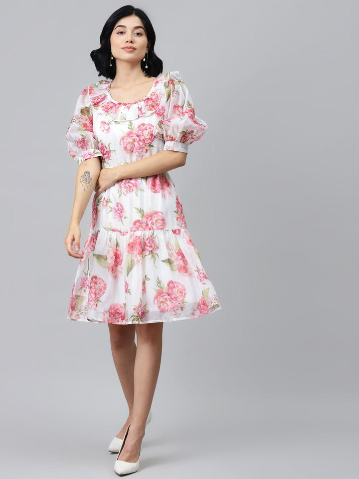 Women's White Floral Puff Sleeve Tiered Dress - SASSAFRAS