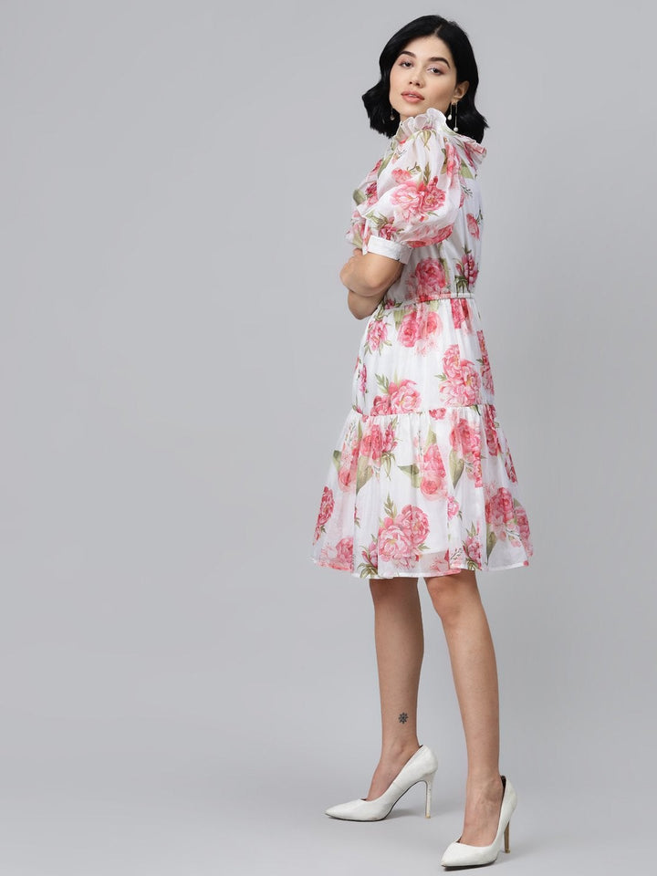 Women's White Floral Puff Sleeve Tiered Dress - SASSAFRAS