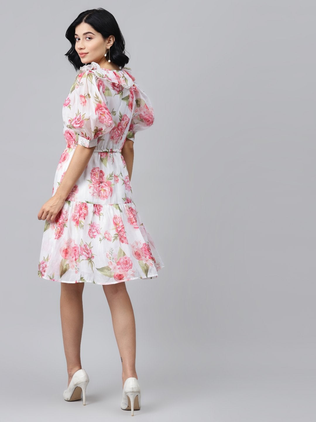 Women's White Floral Puff Sleeve Tiered Dress - SASSAFRAS