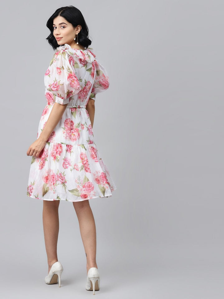 Women's White Floral Puff Sleeve Tiered Dress - SASSAFRAS