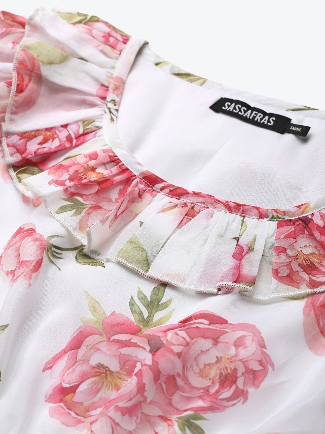 Women's White Floral Puff Sleeve Tiered Dress - SASSAFRAS