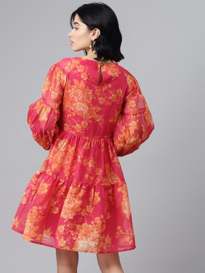 Women's Fuchsia Floral Drop Shoulder Tiered Dress - SASSAFRAS