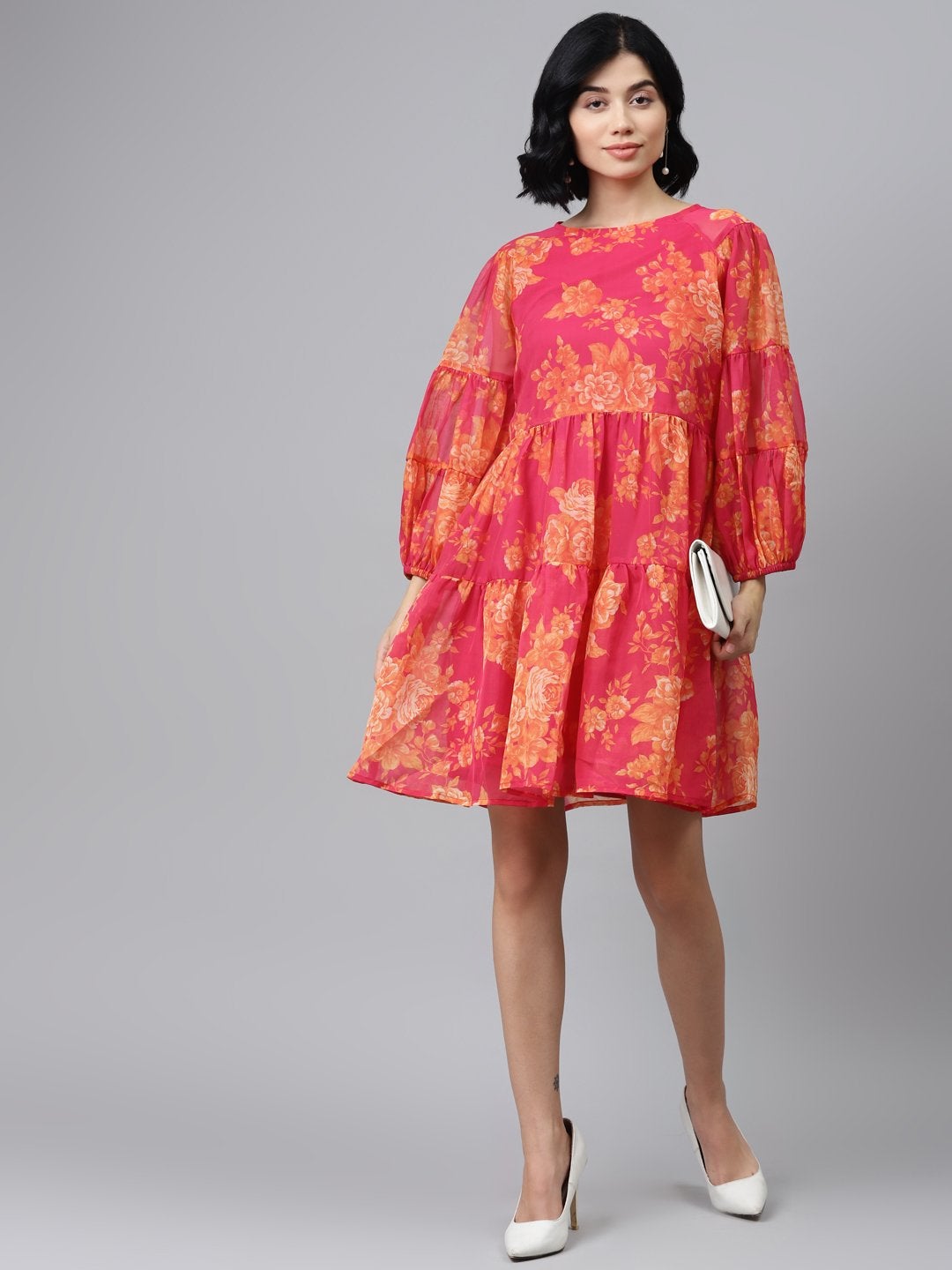 Women's Fuchsia Floral Drop Shoulder Tiered Dress - SASSAFRAS