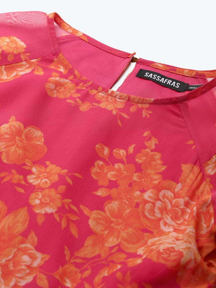 Women's Fuchsia Floral Drop Shoulder Tiered Dress - SASSAFRAS