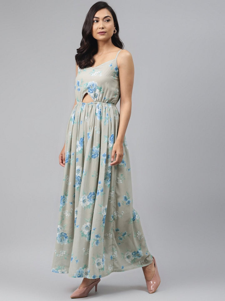 Women's Olive Floral Front Cut Out Maxi Dress - SASSAFRAS