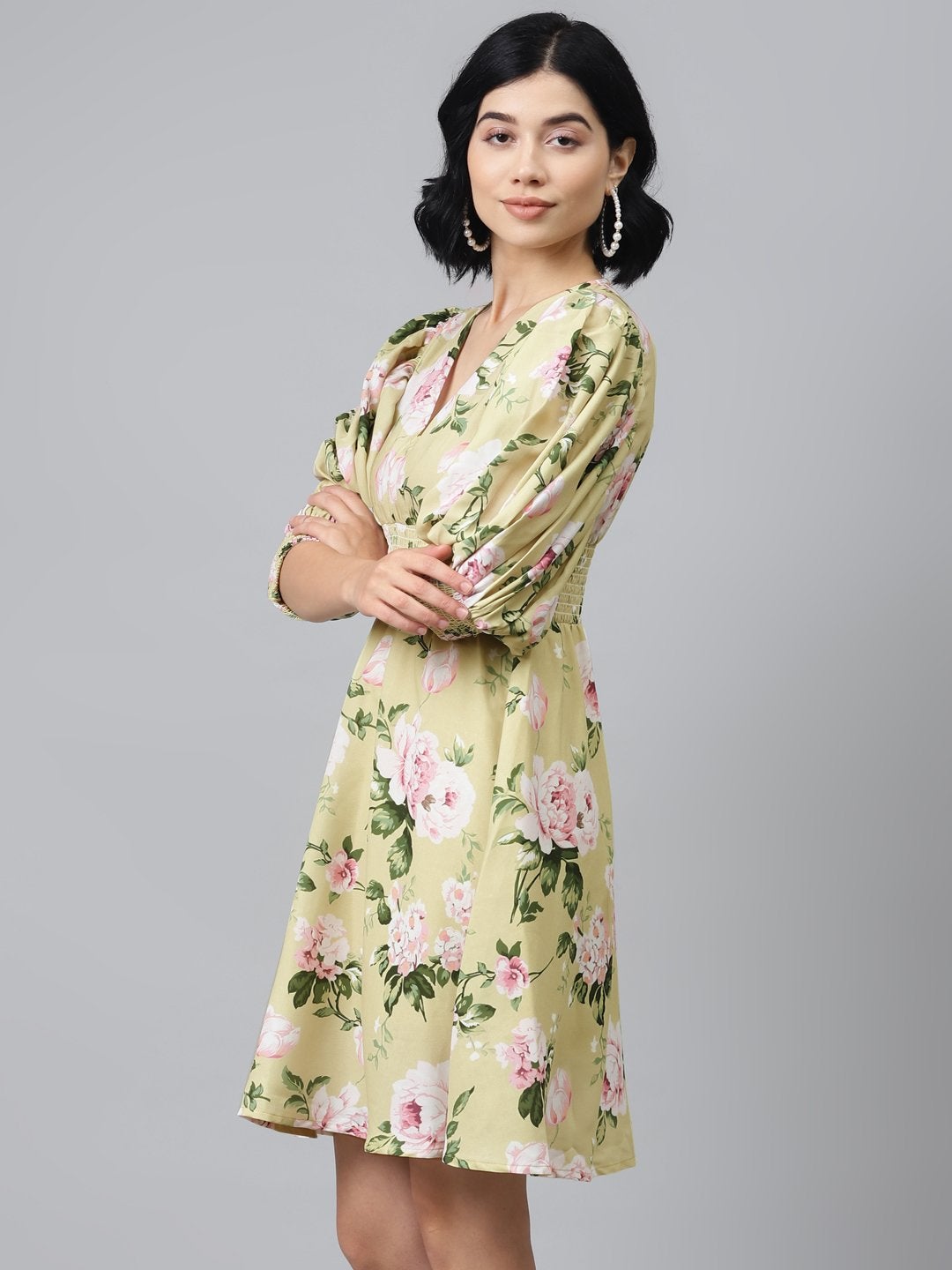 Women's Mint Green Floral Puff Sleeve Smocked Dress - SASSAFRAS