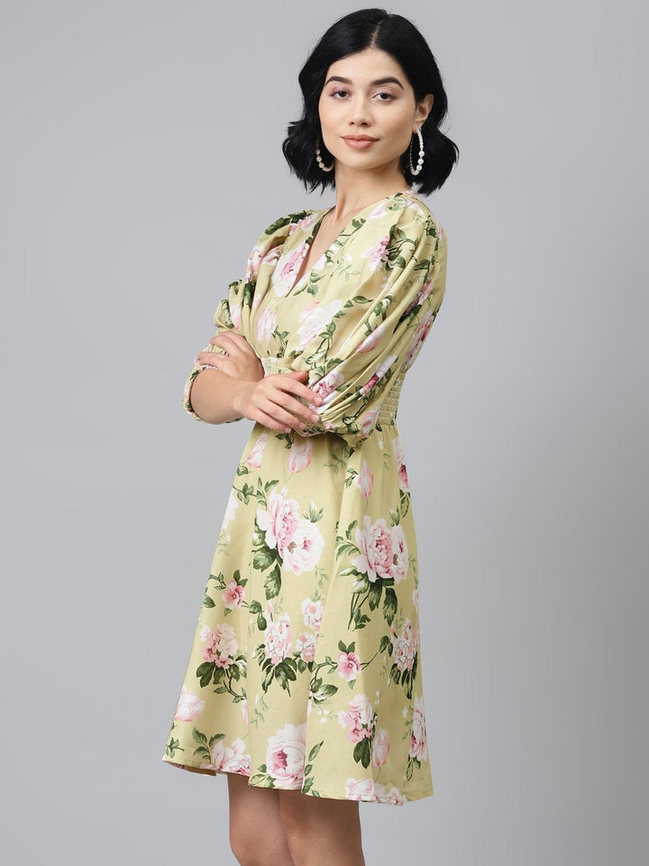 Women's Mint Green Floral Puff Sleeve Smocked Dress - SASSAFRAS