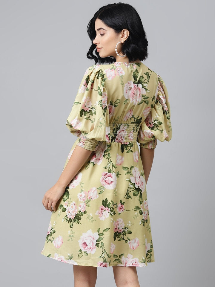 Women's Mint Green Floral Puff Sleeve Smocked Dress - SASSAFRAS