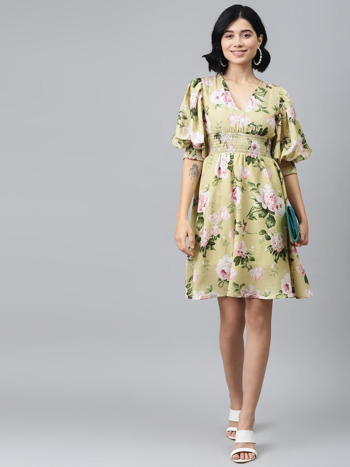 Women's Mint Green Floral Puff Sleeve Smocked Dress - SASSAFRAS