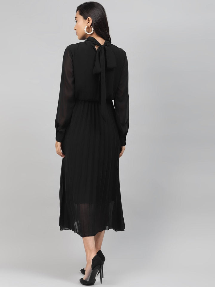 Women's Black Neck Tie-Up Pleated Dress - SASSAFRAS