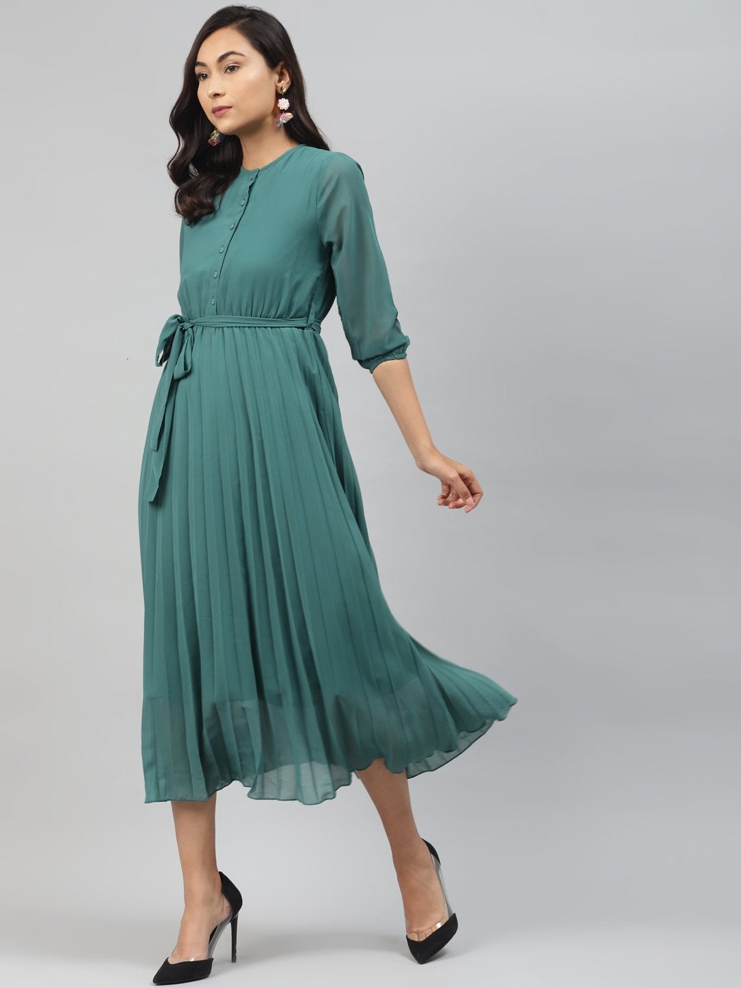 Women's Emerald Green Pleated Midi Dress - SASSAFRAS