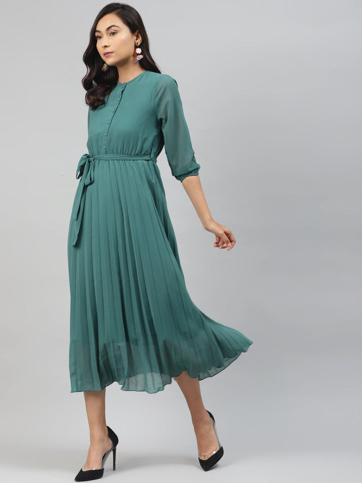 Women's Emerald Green Pleated Midi Dress - SASSAFRAS