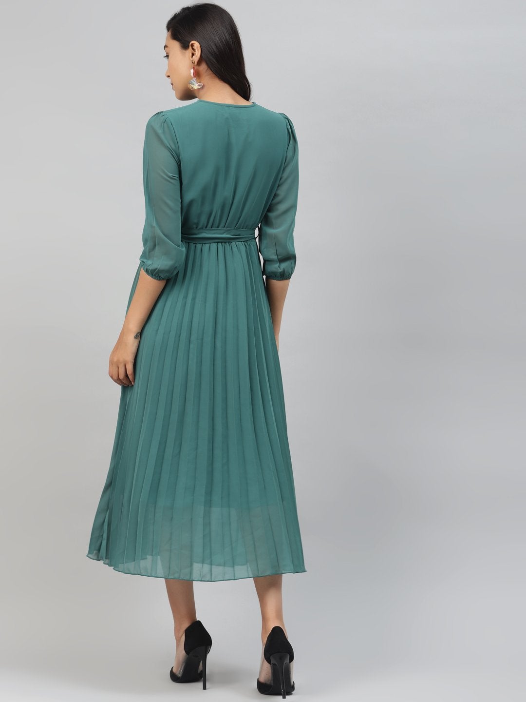 Women's Emerald Green Pleated Midi Dress - SASSAFRAS