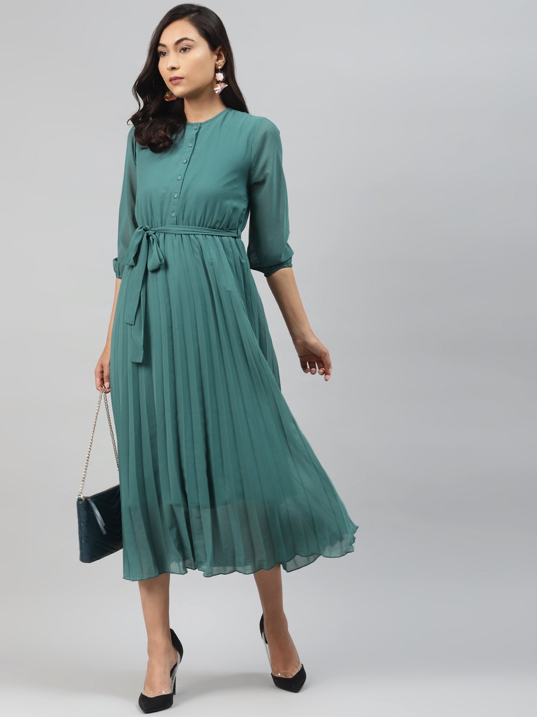 Women's Emerald Green Pleated Midi Dress - SASSAFRAS