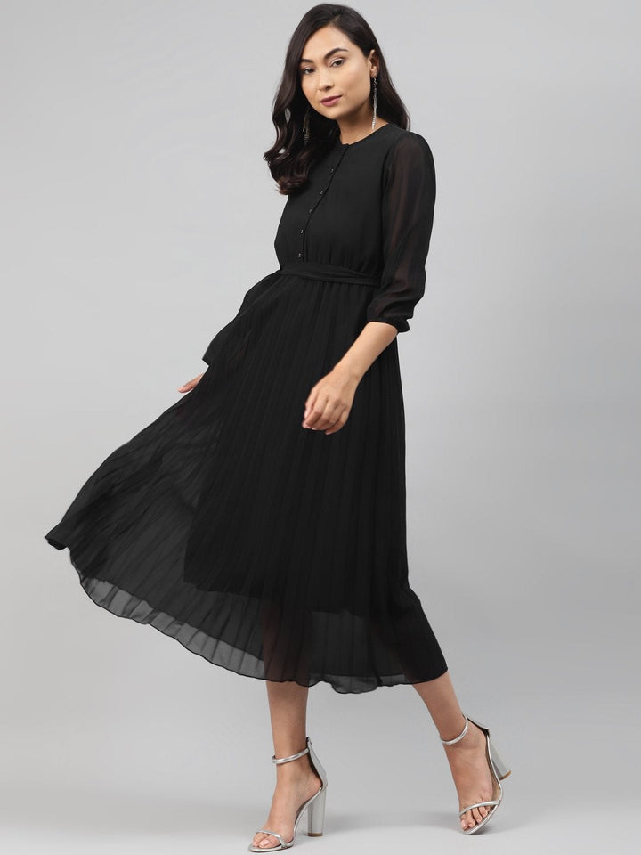 Women's Black Pleated Midi Dress - SASSAFRAS