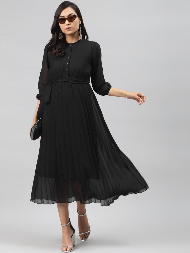 Women's Black Pleated Midi Dress - SASSAFRAS
