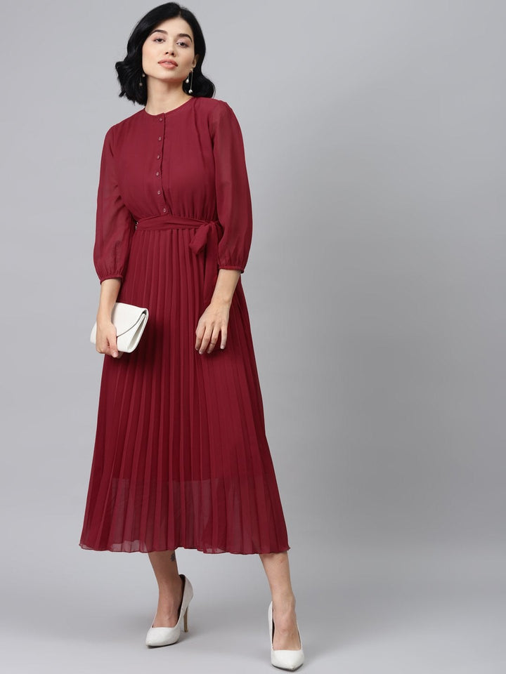 Women's Maroon Pleated Midi Dress - SASSAFRAS