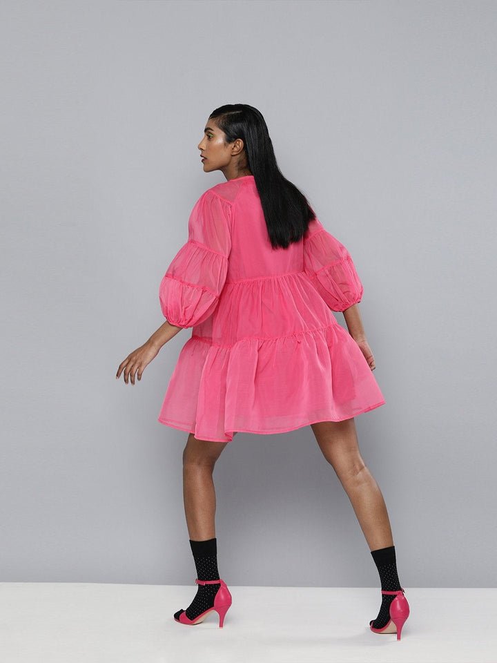 Women's Fuchsia Organza Drop Shoulder Tiered Dress - SASSAFRAS