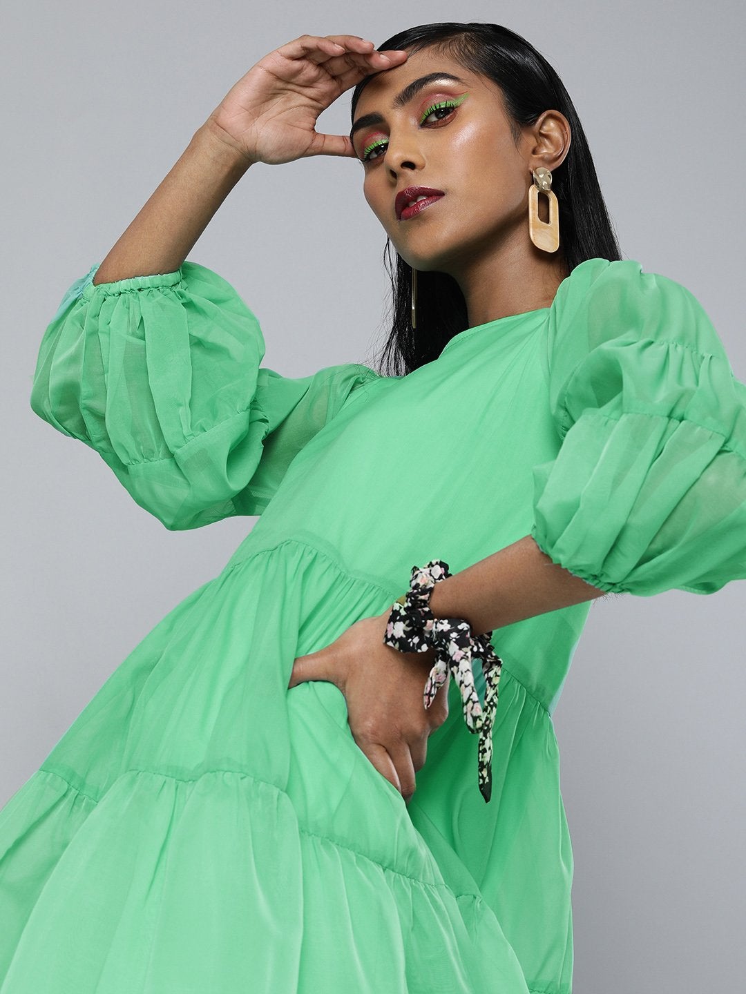 Women's Green Organza Drop Shoulder Tiered Dress - SASSAFRAS