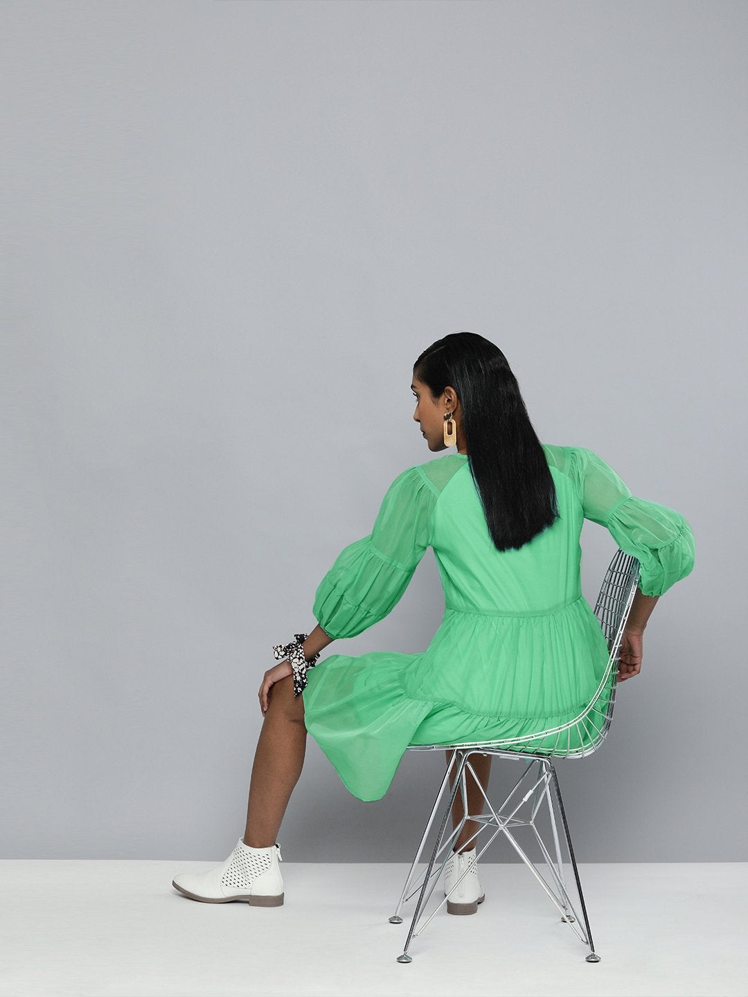 Women's Green Organza Drop Shoulder Tiered Dress - SASSAFRAS