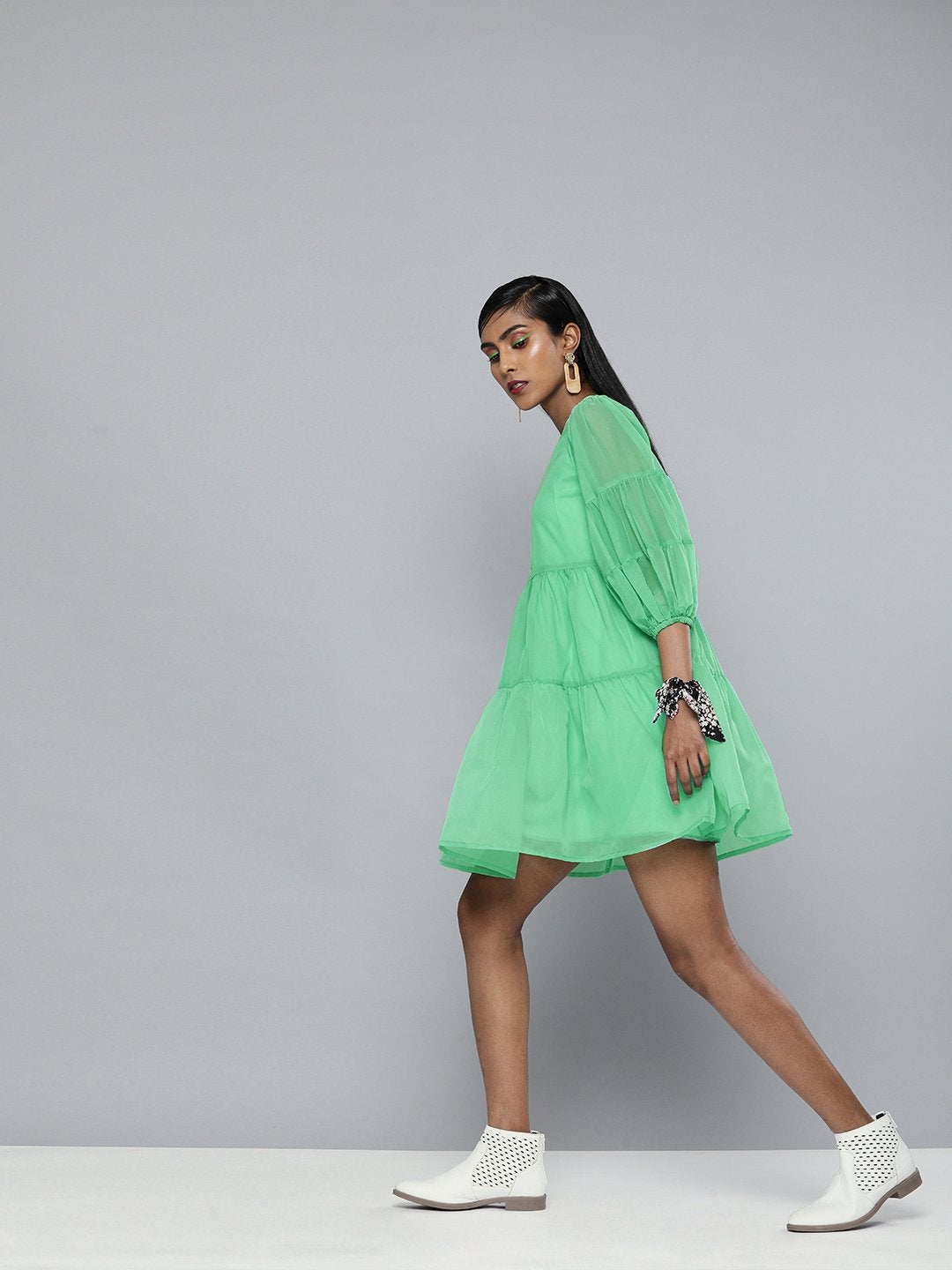 Women's Green Organza Drop Shoulder Tiered Dress - SASSAFRAS