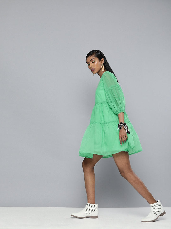 Women's Green Organza Drop Shoulder Tiered Dress - SASSAFRAS