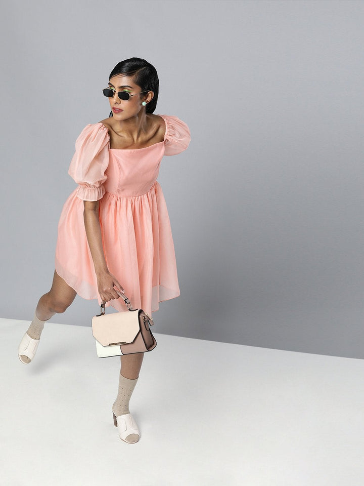 Women's Pastel Pink Organza Puff Sleeve Dress - SASSAFRAS