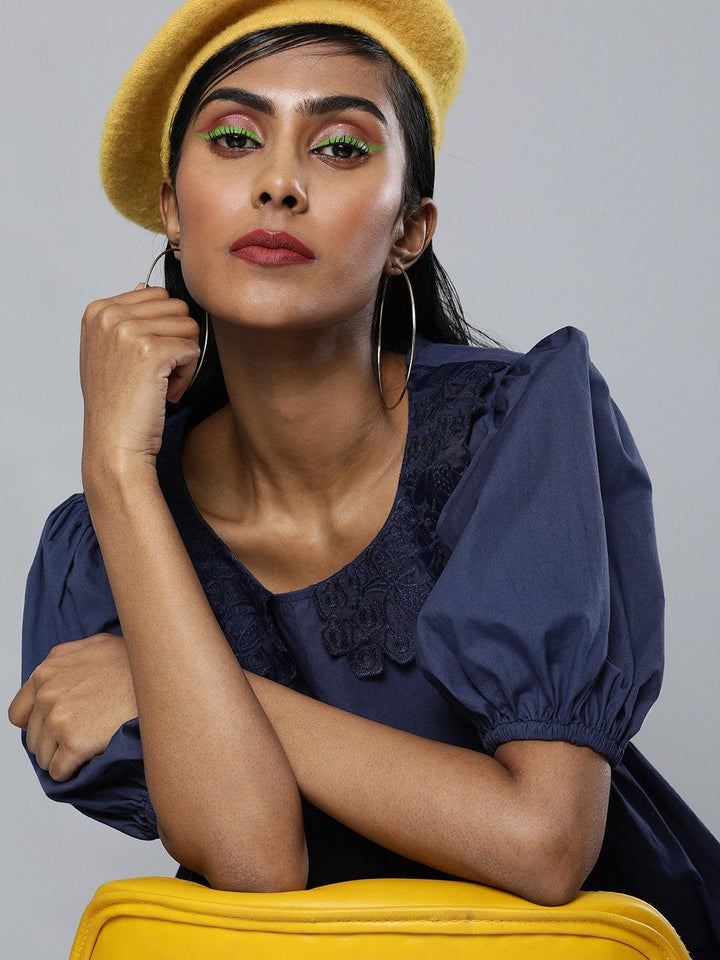 Women's Navy Embroidered Collar Tiered Dress - SASSAFRAS