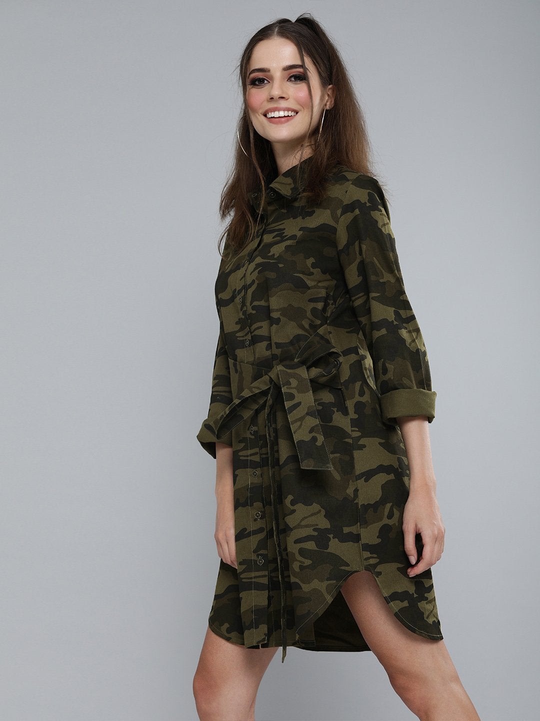 Women's Camouflage Print Shirt Dress - SASSAFRAS