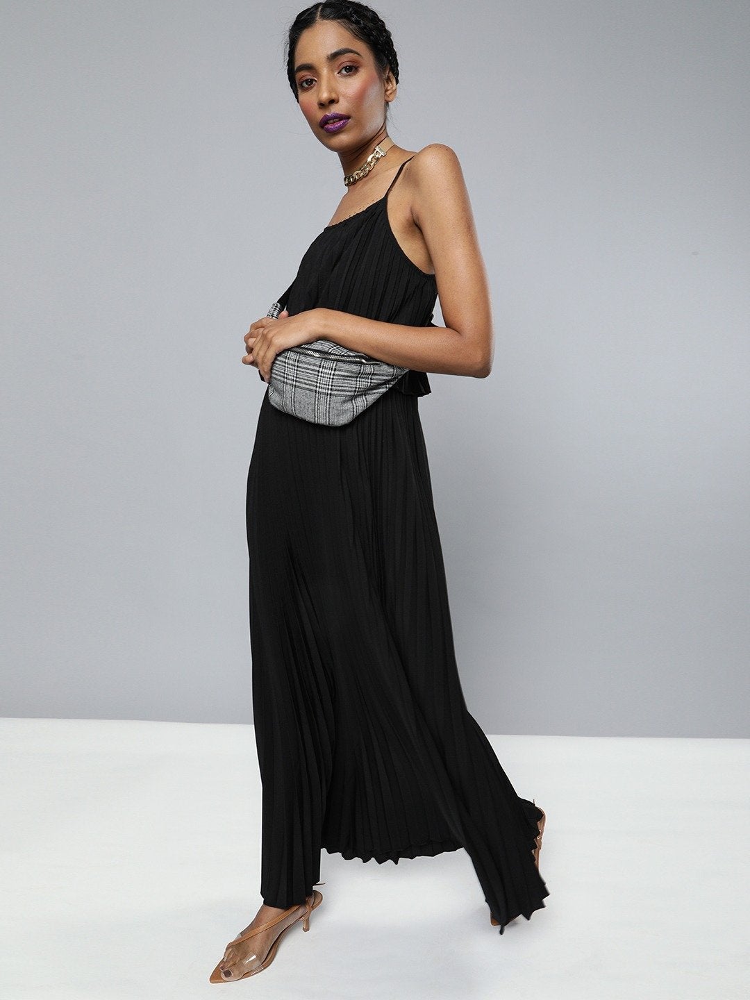Women's Black Pleated Strappy Maxi Dress - SASSAFRAS