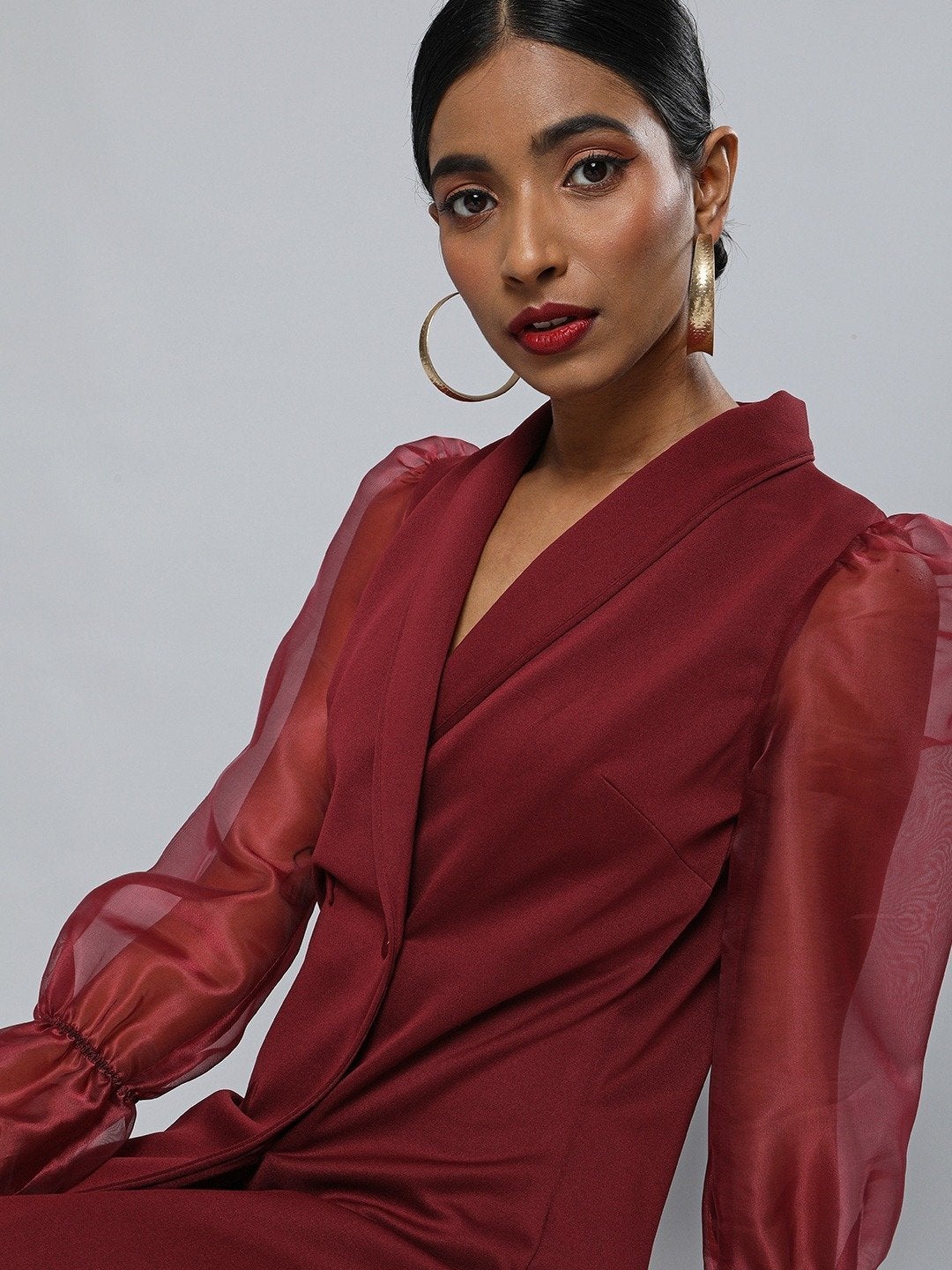 Women's Burgundy Organza-Sleeves Blazer Mini Dress - SASSAFRAS