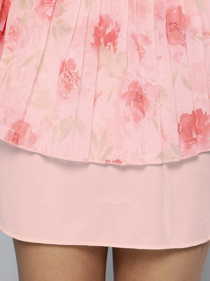 Women's Pink Floral V-Neck Pleated Hem Dress - SASSAFRAS